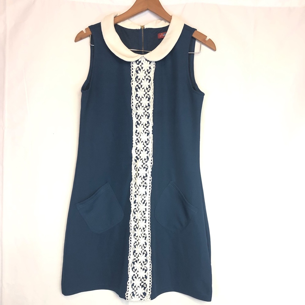 Uttam London sz 12 blue white retro dress lace bib